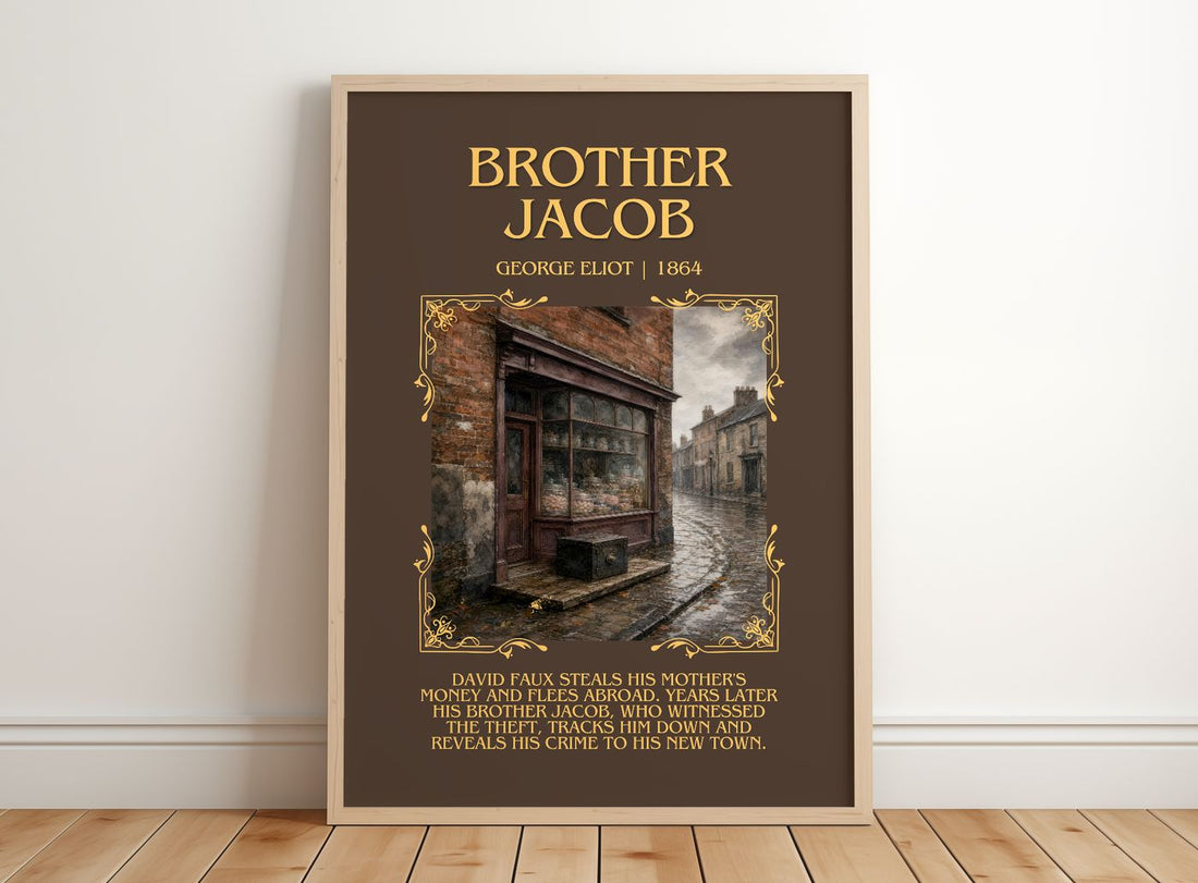 Brother Jacob Minimalist Book Poster by George Eliot – framed print leaning on a wooden floor
