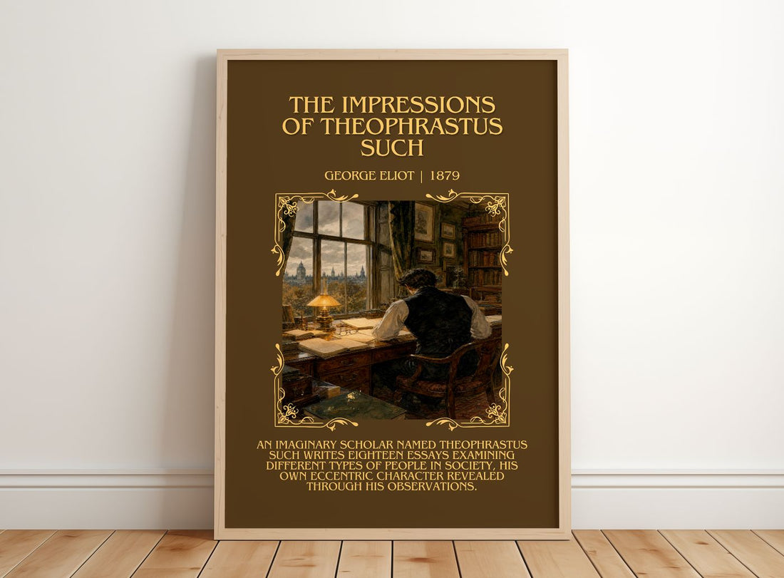 Impressions Of Theophrastus Such Minimalist Book Poster by G. Eliot – framed print leaning on a wooden floor