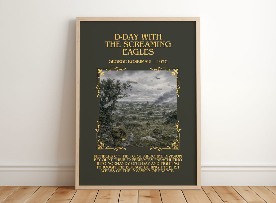 D-Day With The Screaming Eagles Minimalist Book Poster by G. Koskimaki – framed print leaning on a wooden floor