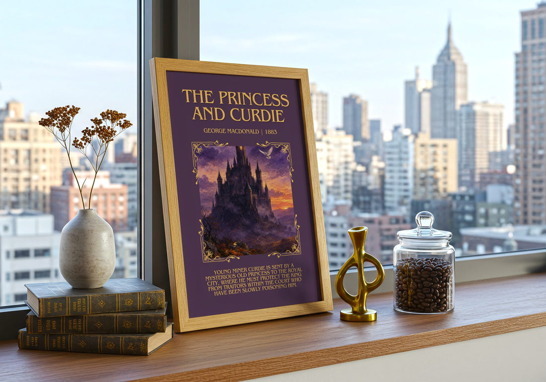 The Princess And Curdie Minimalist Book Poster by George Macdonald – framed print on a city-view windowsill