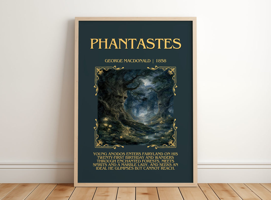 Phantastes Minimalist Book Poster by George Macdonald – framed print leaning on a wooden floor