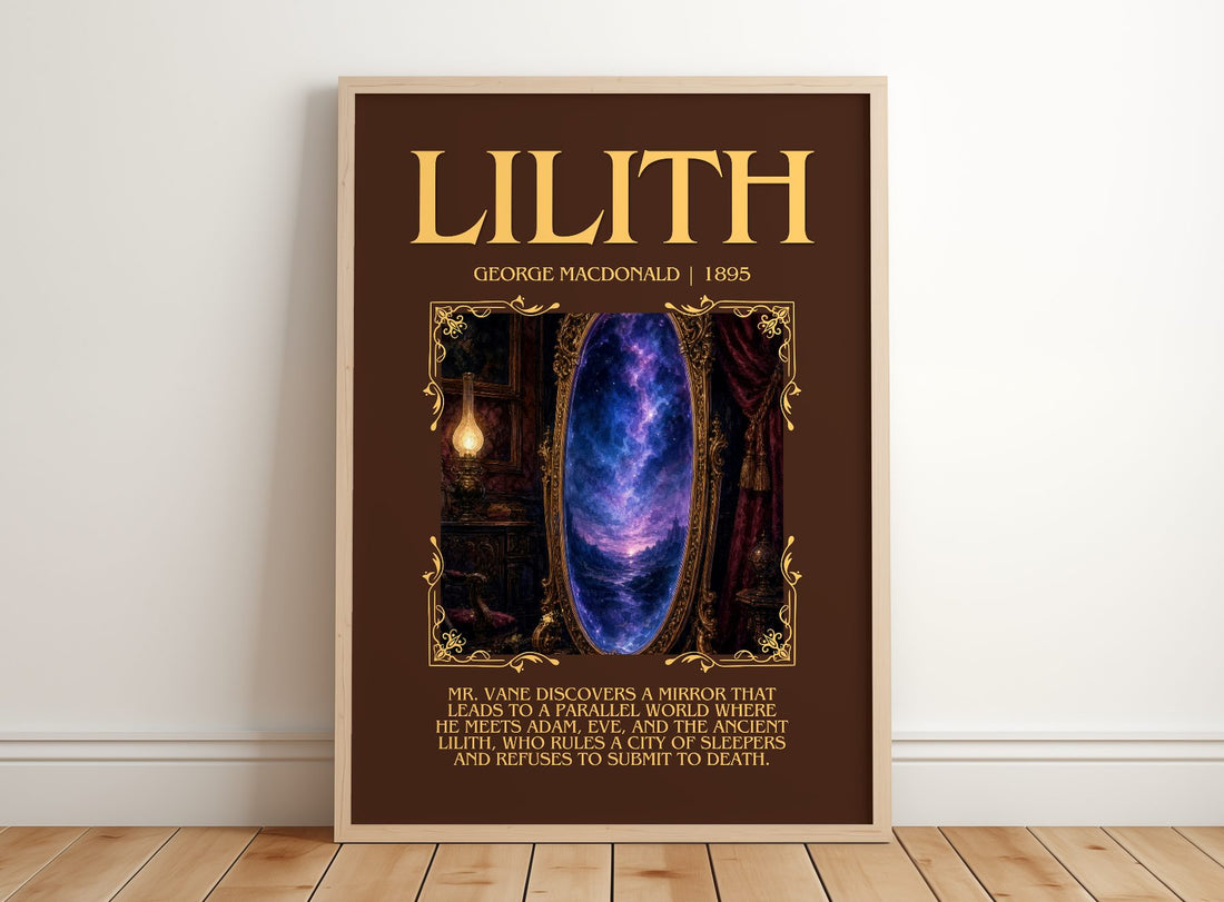 Lilith Minimalist Book Poster by George Macdonald – framed print leaning on a wooden floor