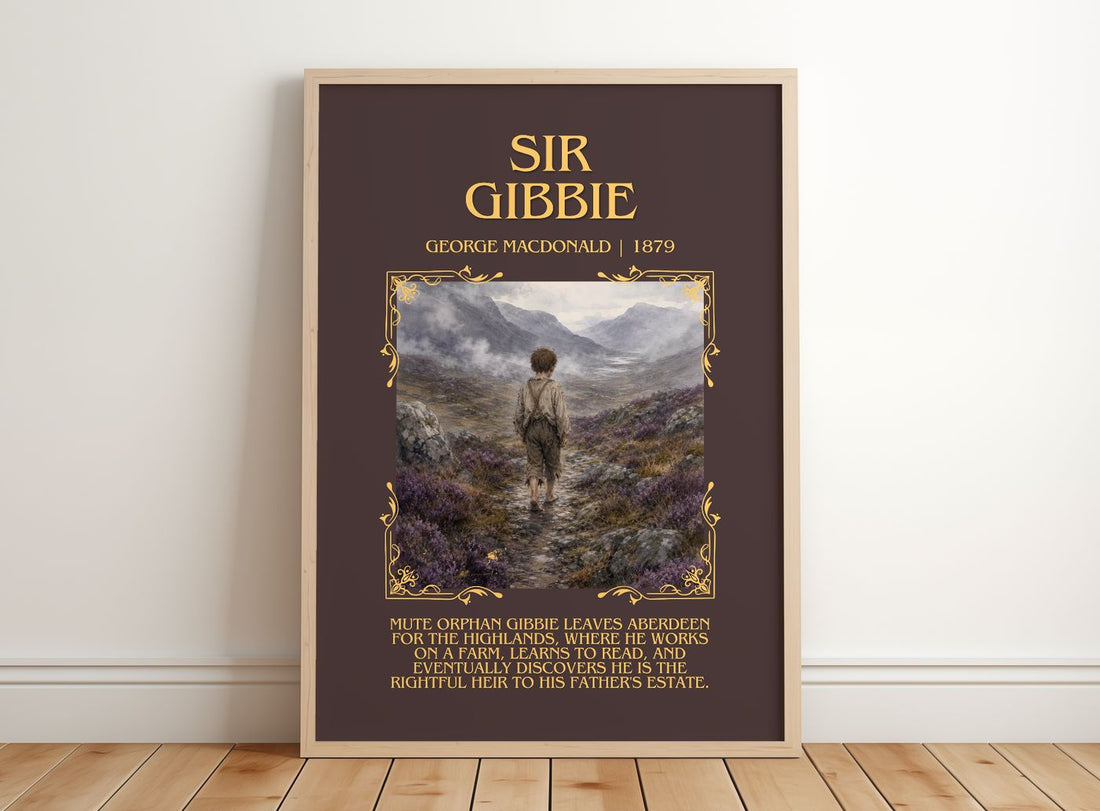 Sir Gibbie Minimalist Book Poster by George Macdonald – framed print leaning on a wooden floor