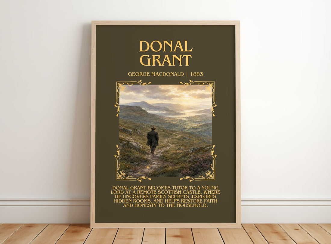 Donal Grant Minimalist Book Poster by George Macdonald – framed print leaning on a wooden floor