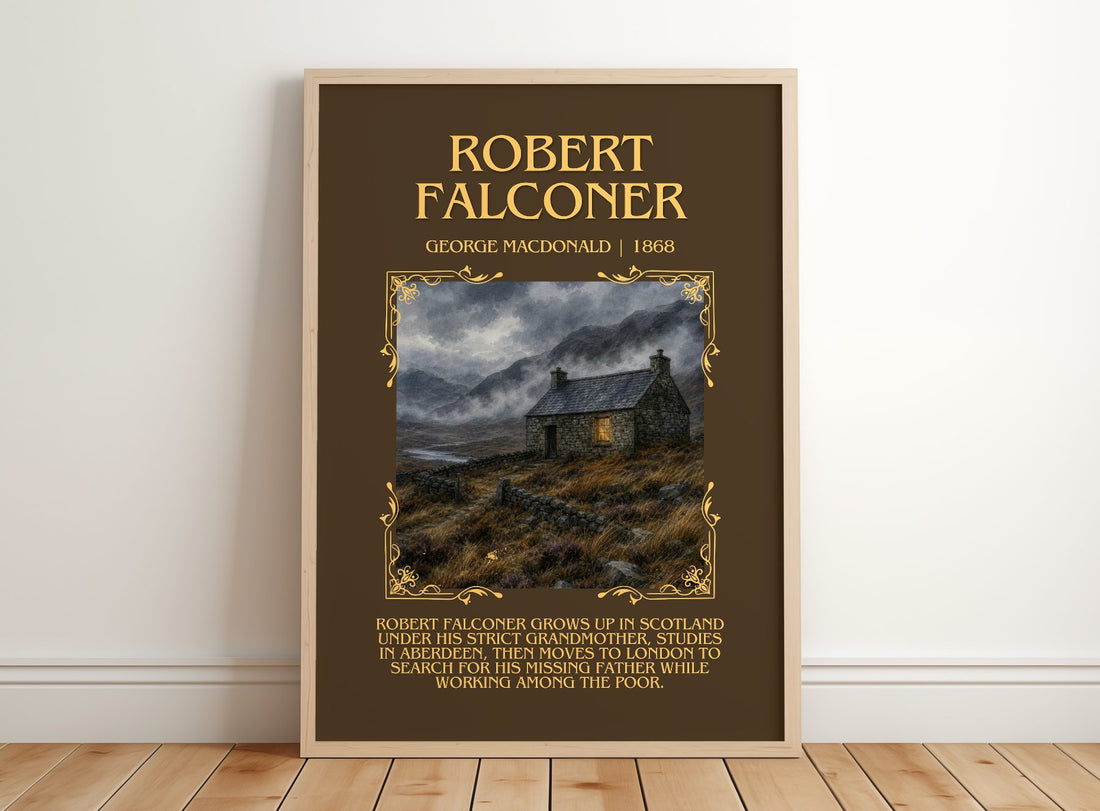 Robert Falconer Minimalist Book Poster by George Macdonald – framed print leaning on a wooden floor