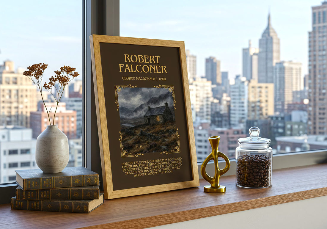 Robert Falconer Minimalist Book Poster by George Macdonald – framed print on a city-view windowsill