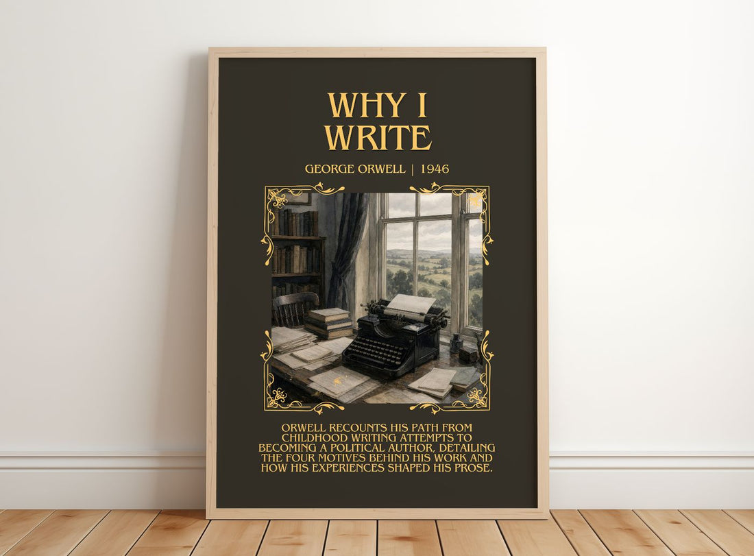 Why I Write Minimalist Book Poster by George Orwell – framed print leaning on a wooden floor