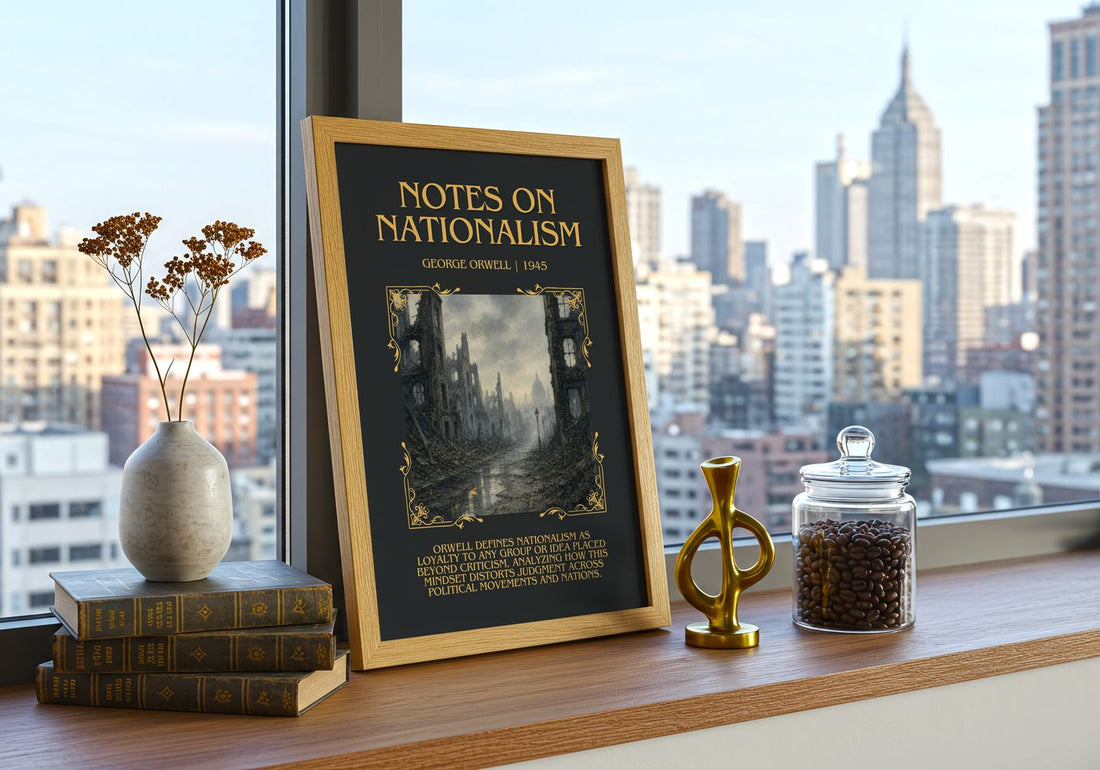 Notes On Nationalism Minimalist Book Poster by George Orwell – framed print on a city-view windowsill