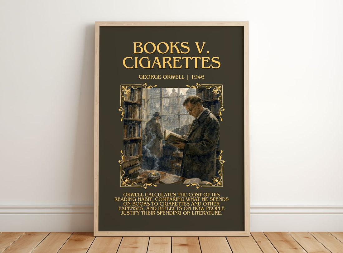Books V. Cigarettes Minimalist Book Poster by George Orwell – framed print leaning on a wooden floor