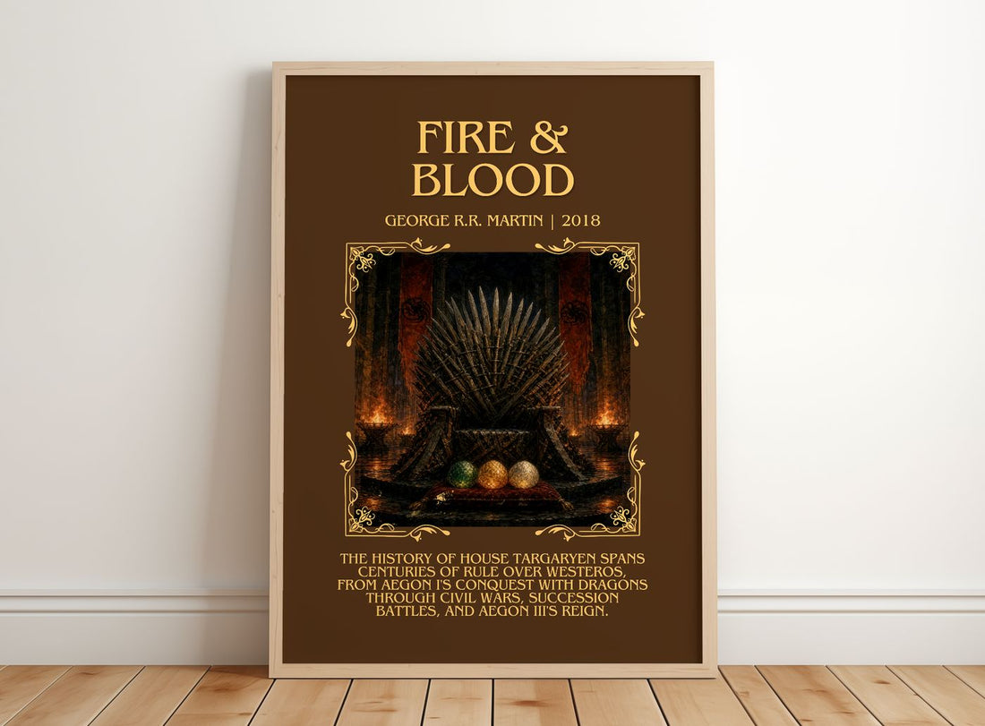 Fire & Blood Minimalist Book Poster by George R.R. Martin – framed print leaning on a wooden floor