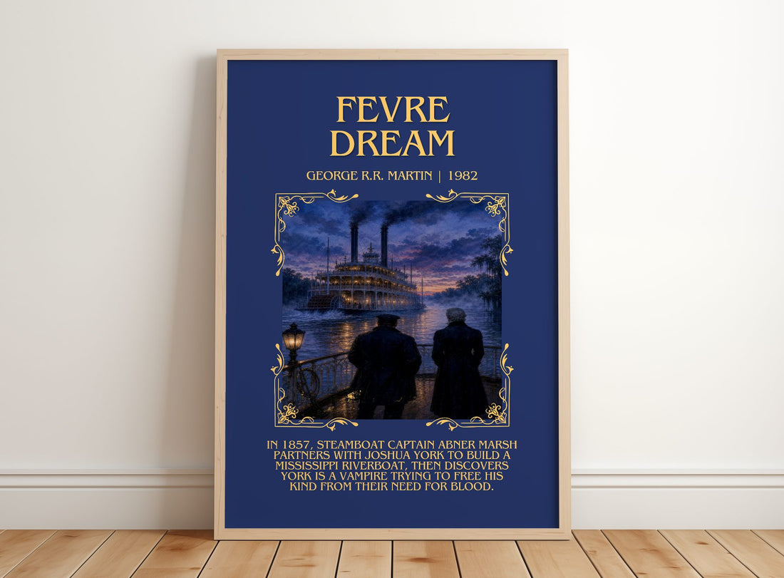 Fevre Dream Minimalist Book Poster by George R.R. Martin – framed print leaning on a wooden floor