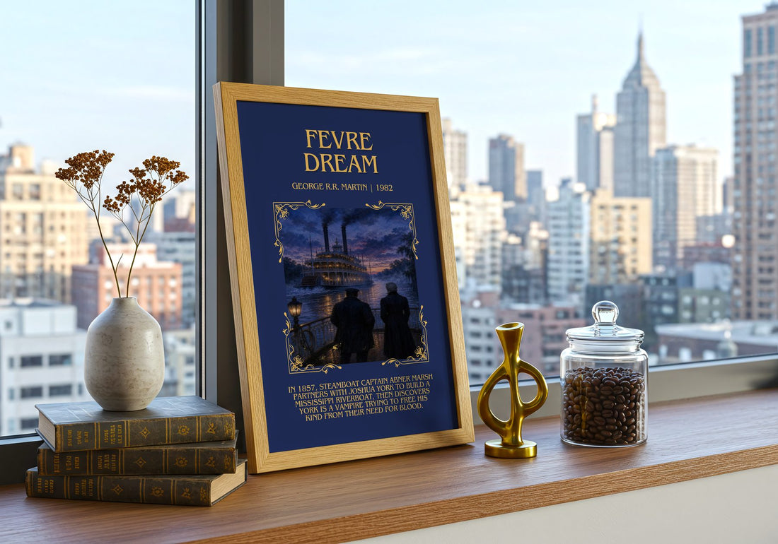 Fevre Dream Minimalist Book Poster by George R.R. Martin – framed print on a city-view windowsill