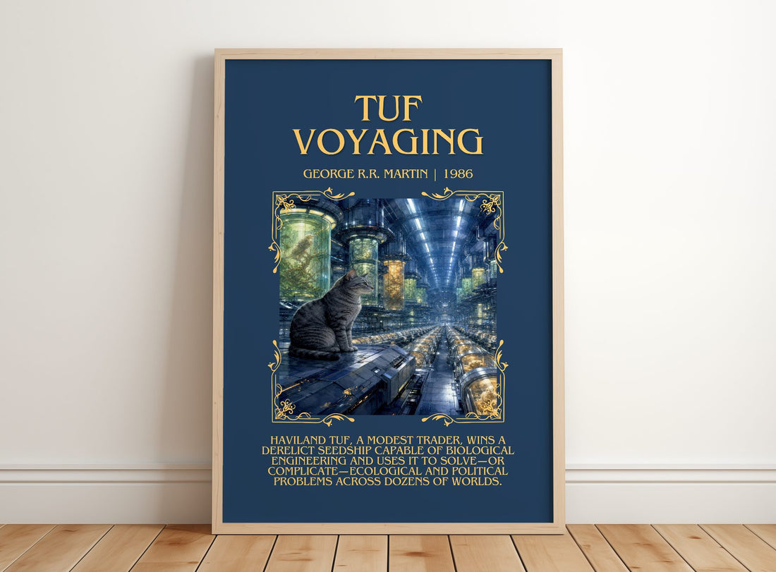 Tuf Voyaging Minimalist Book Poster by George R.R. Martin – framed print leaning on a wooden floor