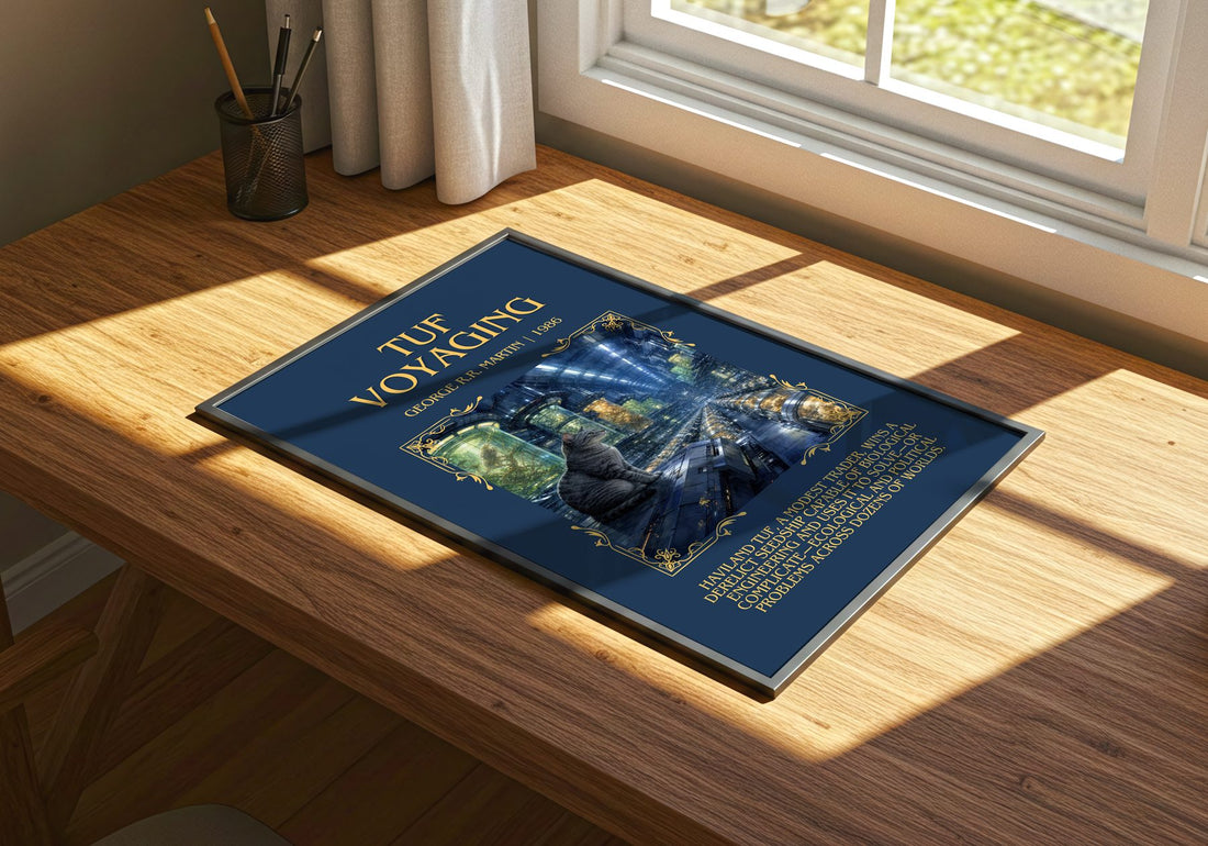 Tuf Voyaging Minimalist Book Poster by George R.R. Martin – print on a sunlit desk