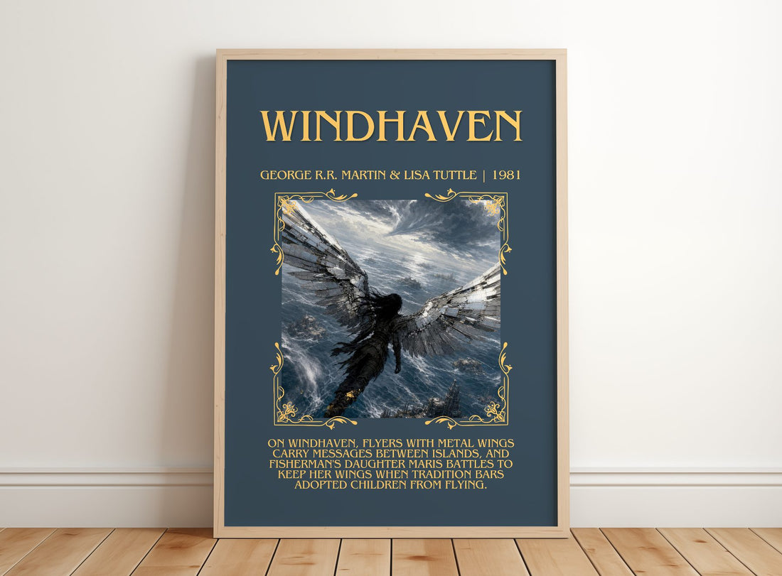 Windhaven Minimalist Book Poster by George R.R. Martin & Lisa Tuttle – framed print leaning on a wooden floor