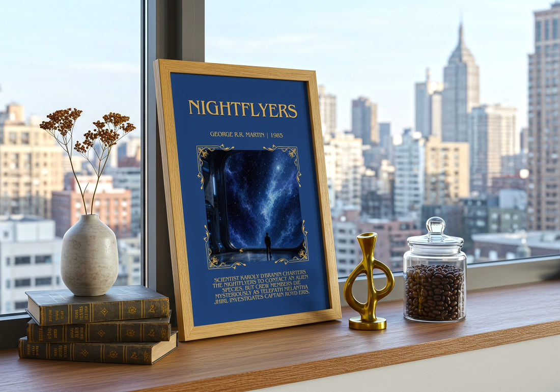Nightflyers Minimalist Book Poster by George R.R. Martin – framed print on a city-view windowsill