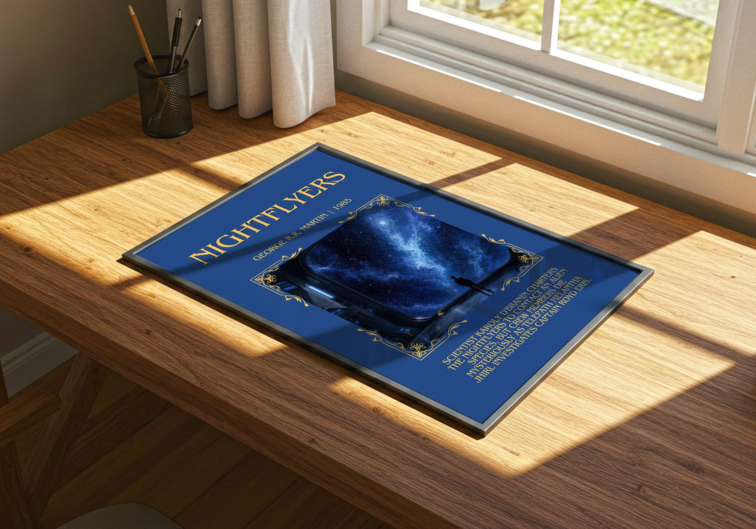 Nightflyers Minimalist Book Poster by George R.R. Martin – print on a sunlit desk