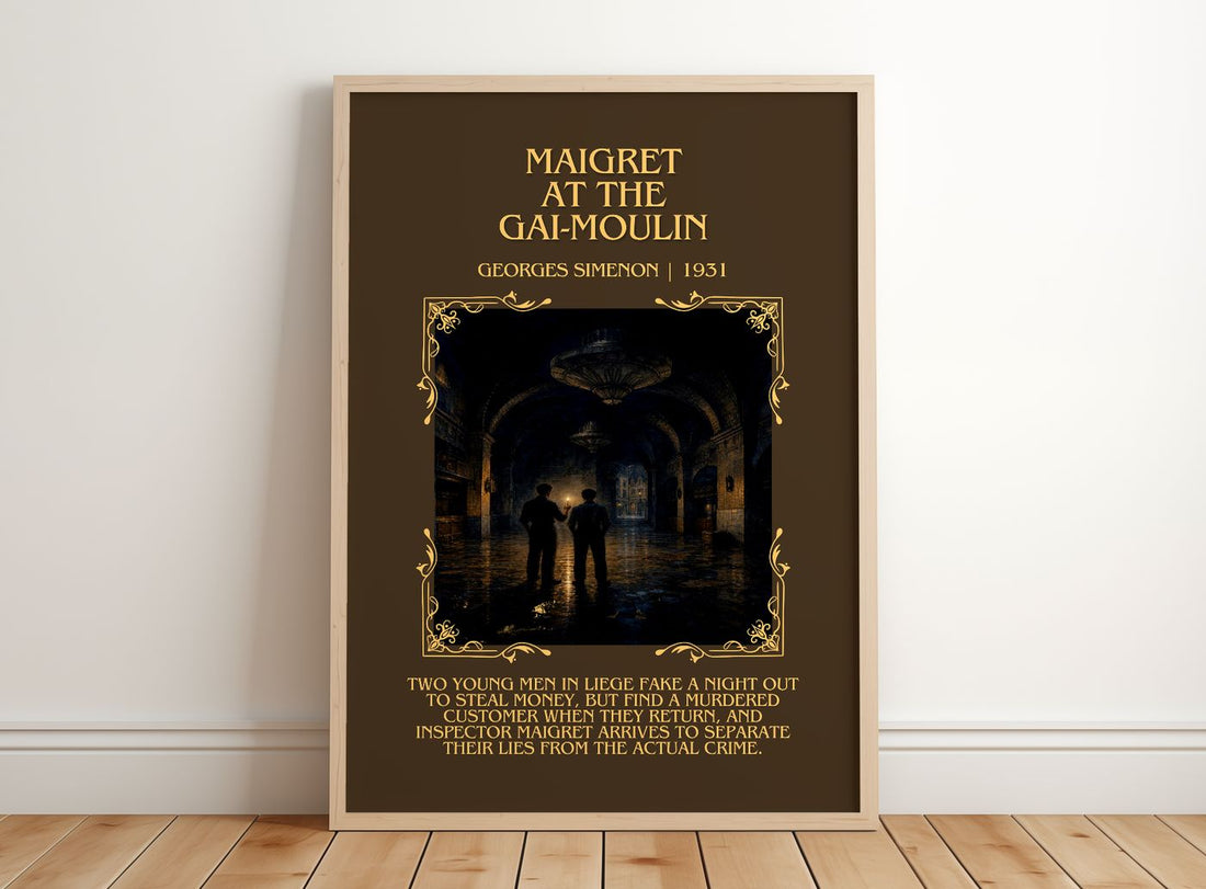 Maigret At The Gai-Moulin Minimalist Book Poster by Georges Simenon – framed print leaning on a wooden floor