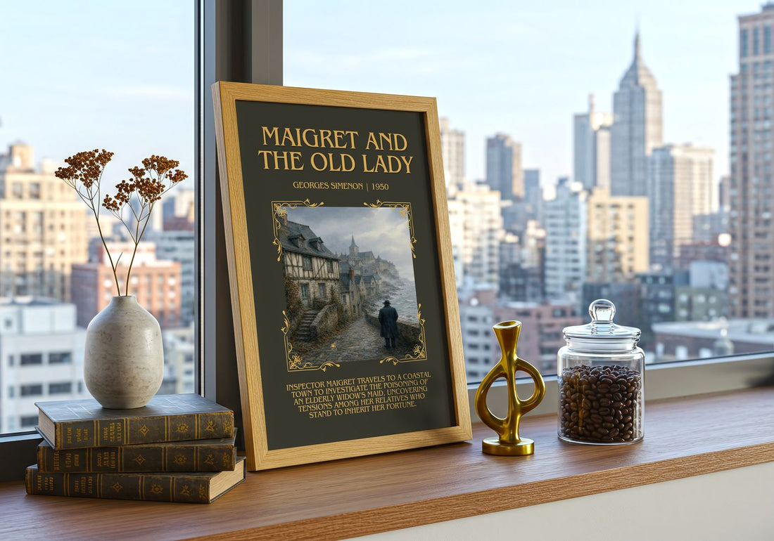 Maigret And The Old Lady Minimalist Book Poster by Georges Simenon – framed print on a city-view windowsill