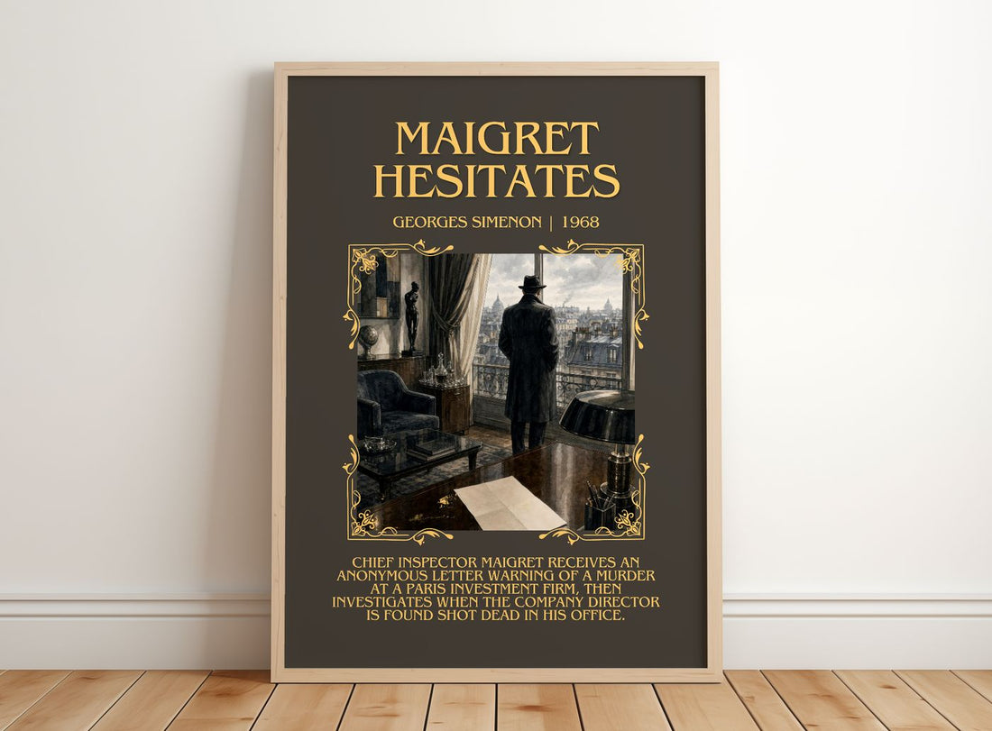 Maigret Hesitates Minimalist Book Poster by Georges Simenon – framed print leaning on a wooden floor