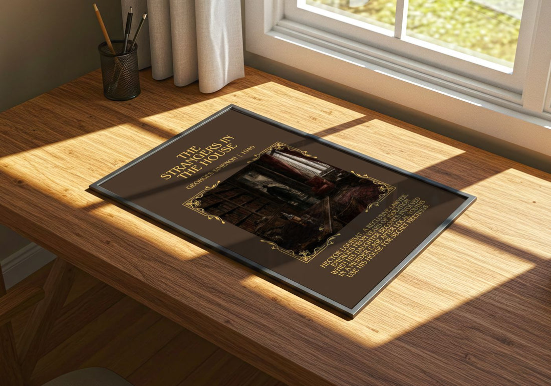 The Strangers In The House Minimalist Book Poster by Georges Simenon – print on a sunlit desk
