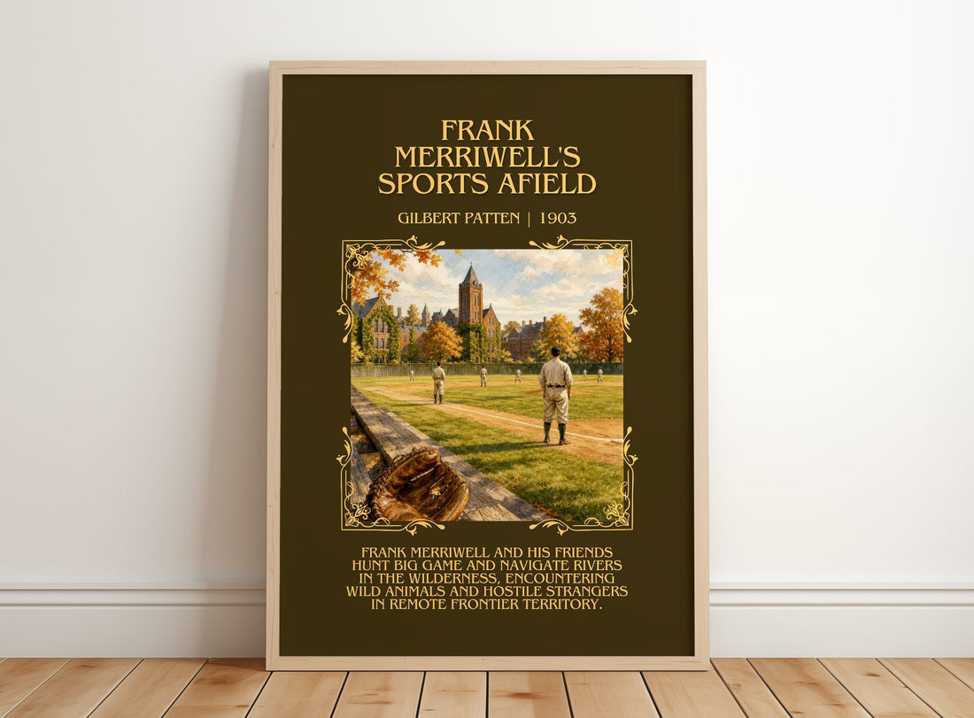 Frank Merriwell'S Sports Afield Minimalist Book Poster by G. Patten – framed print leaning on a wooden floor