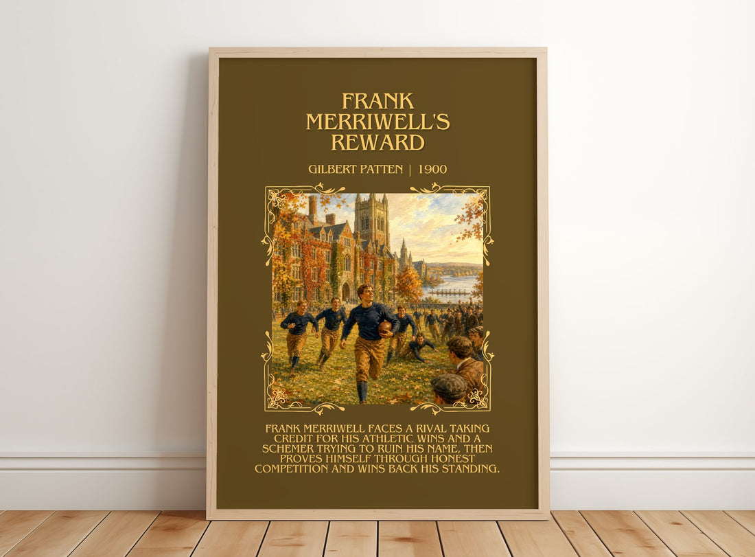 Frank Merriwell'S Reward Minimalist Book Poster by Gilbert Patten – framed print leaning on a wooden floor