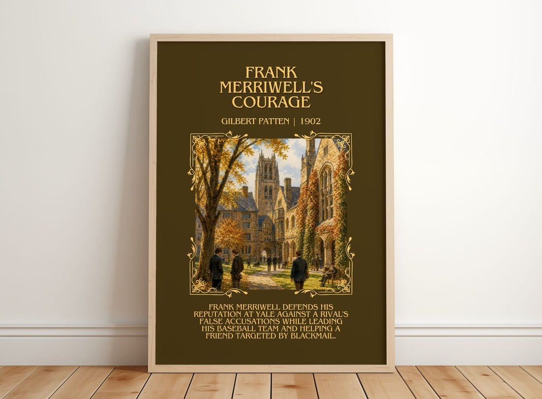 Frank Merriwell'S Courage Minimalist Book Poster by Gilbert Patten – framed print leaning on a wooden floor