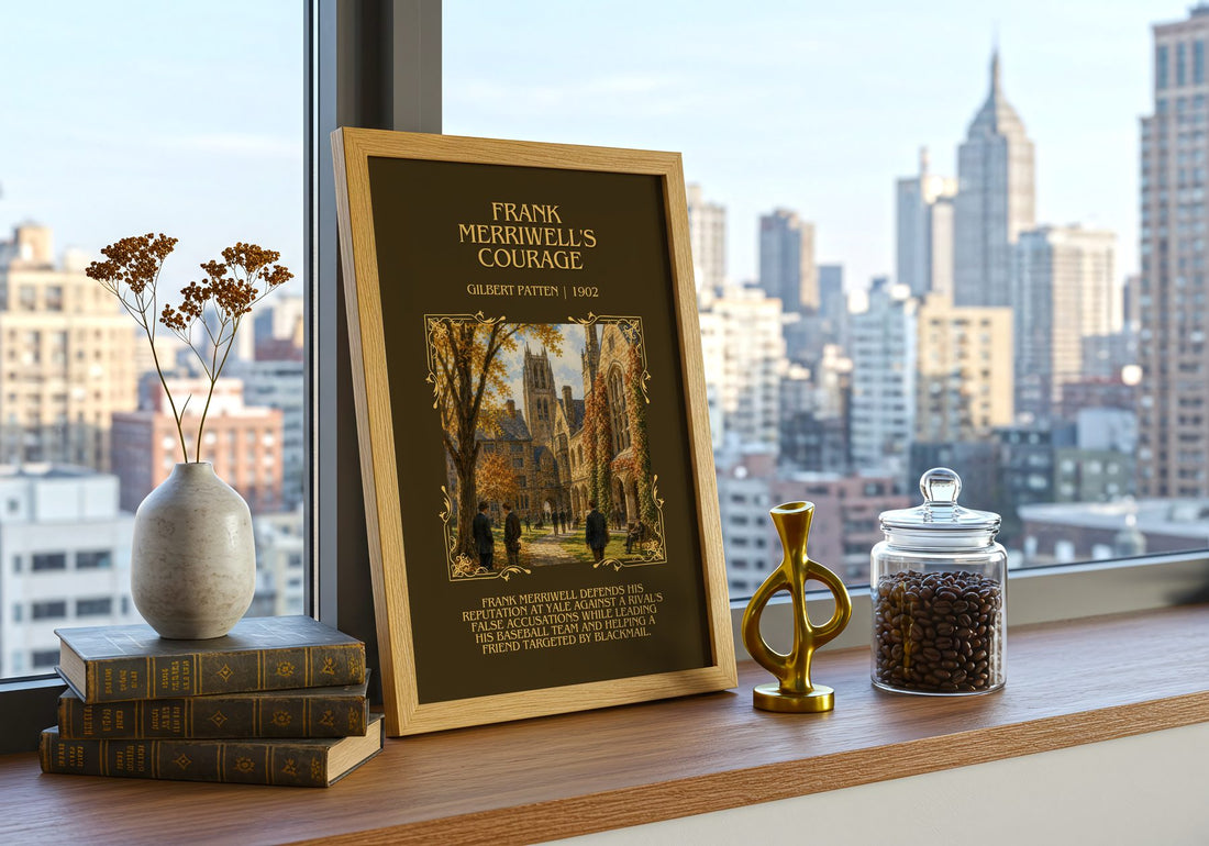 Frank Merriwell'S Courage Minimalist Book Poster by Gilbert Patten – framed print on a city-view windowsill