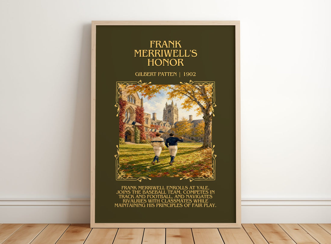 Frank Merriwell'S Honor Minimalist Book Poster by Gilbert Patten – framed print leaning on a wooden floor