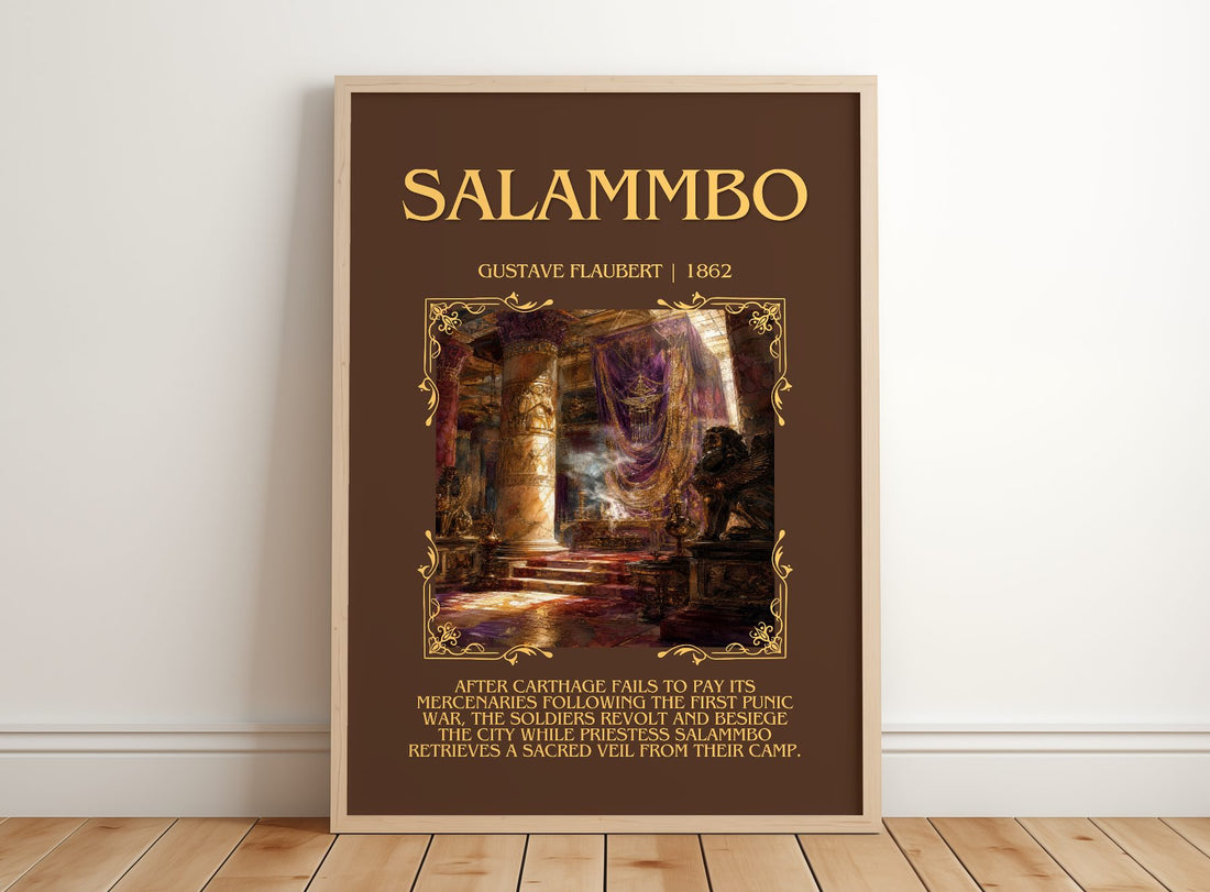Salammbô Minimalist Book Poster by Gustave Flaubert – framed print leaning on a wooden floor
