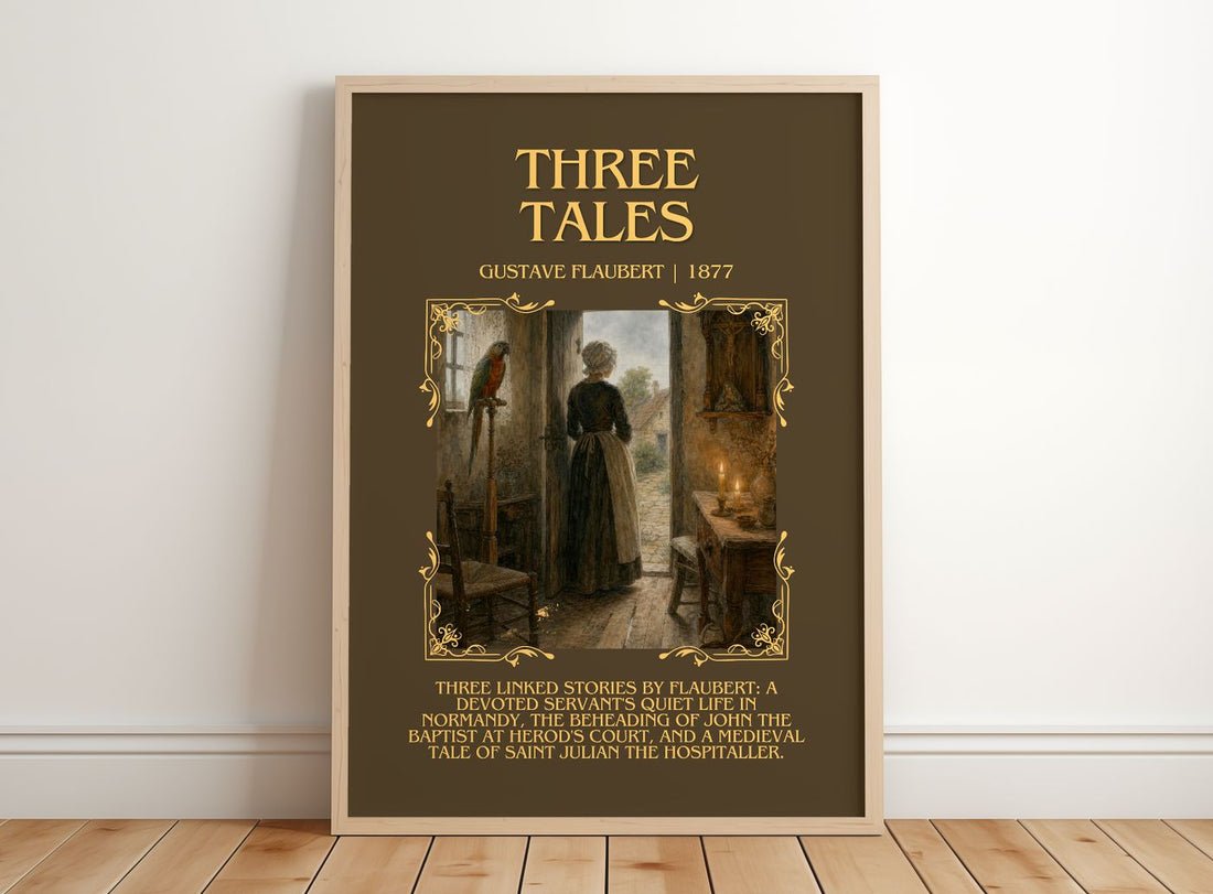 Three Tales Minimalist Book Poster by Gustave Flaubert – framed print leaning on a wooden floor