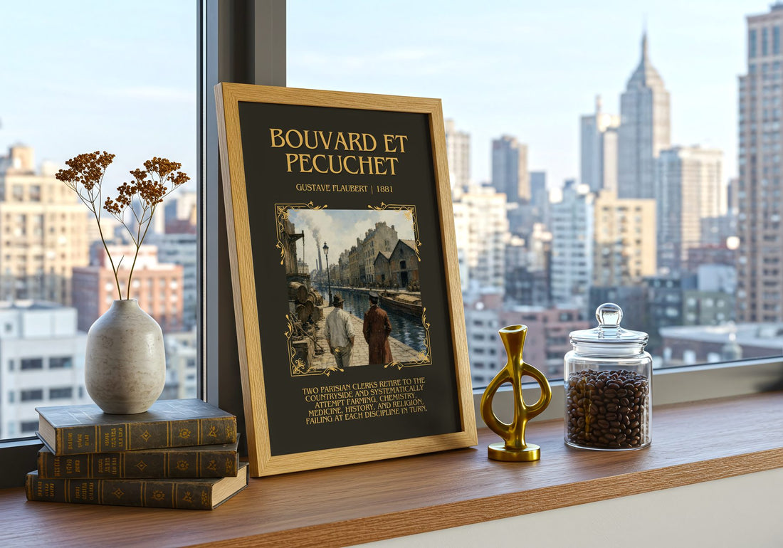 Bouvard Et Pécuchet Minimalist Book Poster by Gustave Flaubert – framed print on a city-view windowsill