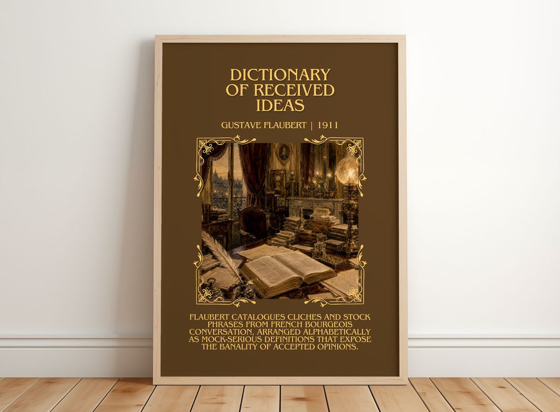 Dictionary Of Received Ideas Minimalist Book Poster by G. Flaubert – framed print leaning on a wooden floor