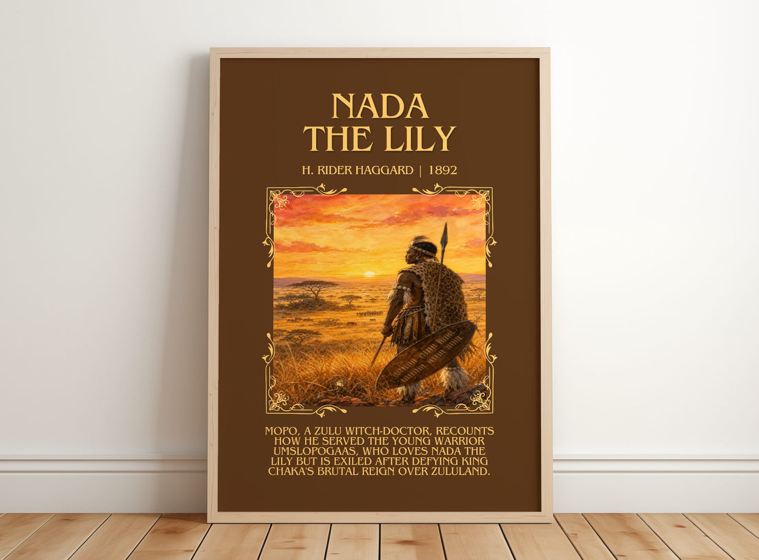Nada The Lily Minimalist Book Poster by H. Rider Haggard – framed print leaning on a wooden floor