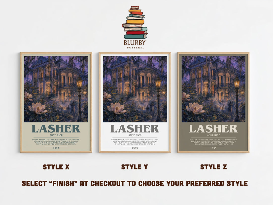 Lasher bookish print in frame leaning in hallway – gothic wall art (mockup)