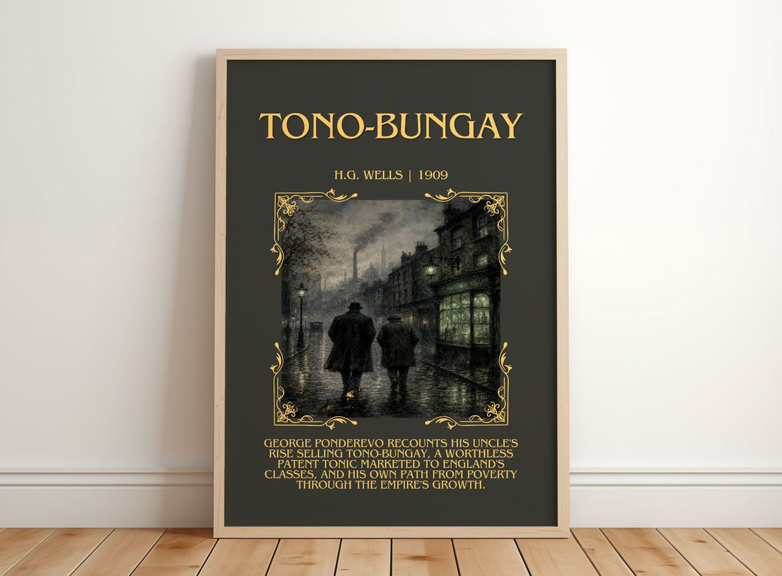 Tono-Bungay Minimalist Book Poster by H.G. Wells – framed print leaning on a wooden floor