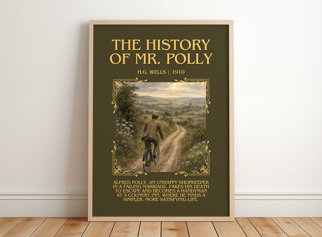 The History Of Mr. Polly Minimalist Book Poster by H.G. Wells – framed print leaning on a wooden floor