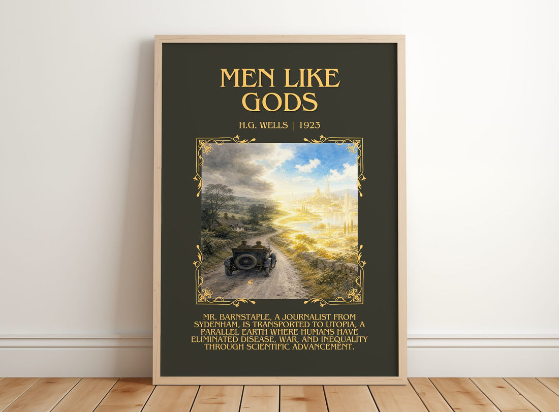 Men Like Gods Minimalist Book Poster by H.G. Wells – framed print leaning on a wooden floor