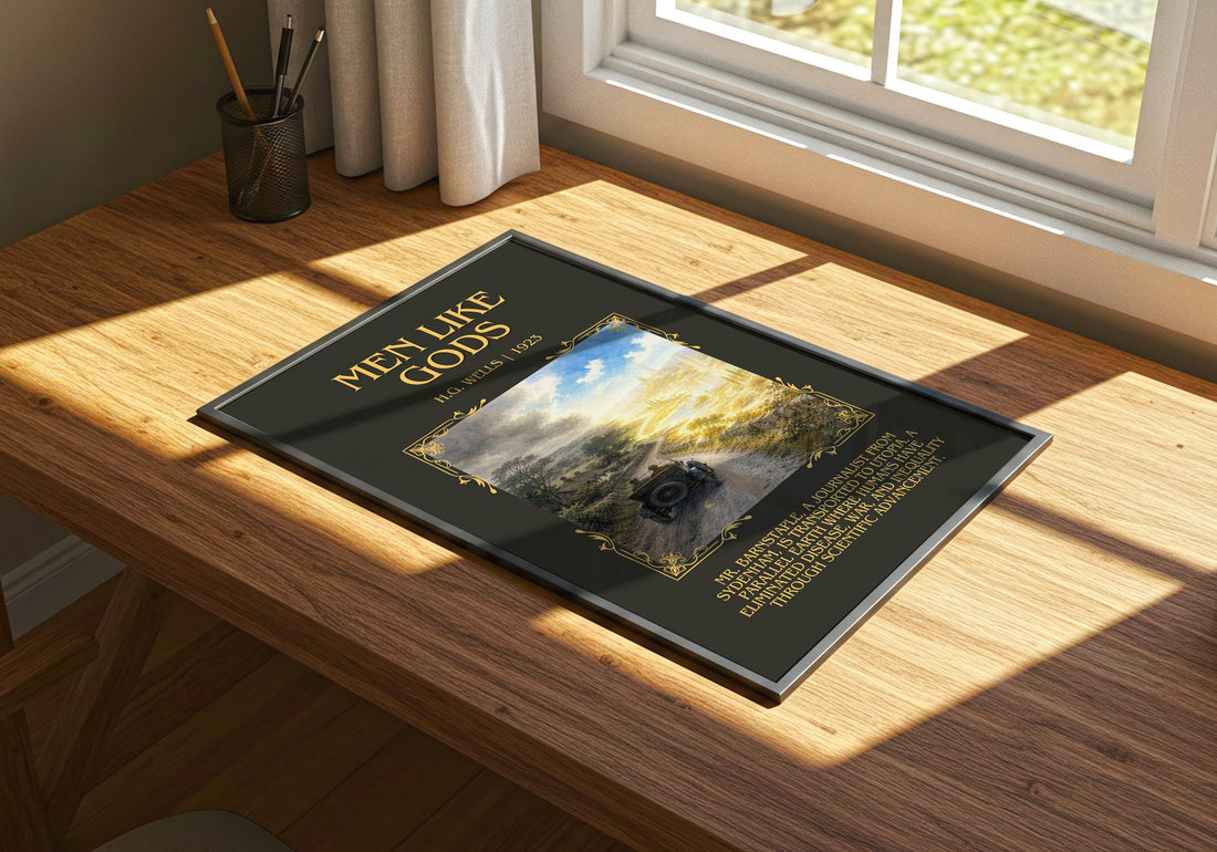 Men Like Gods Minimalist Book Poster by H.G. Wells – print on a sunlit desk