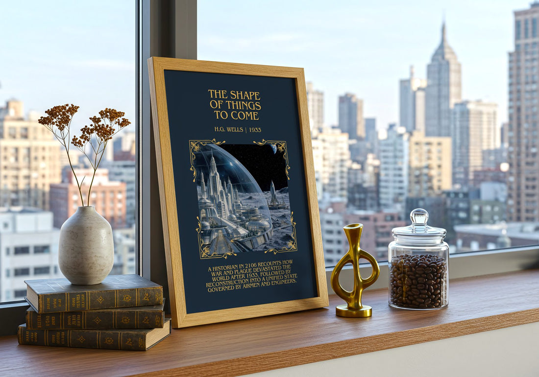 The Shape Of Things To Come Minimalist Book Poster by H.G. Wells – framed print on a city-view windowsill