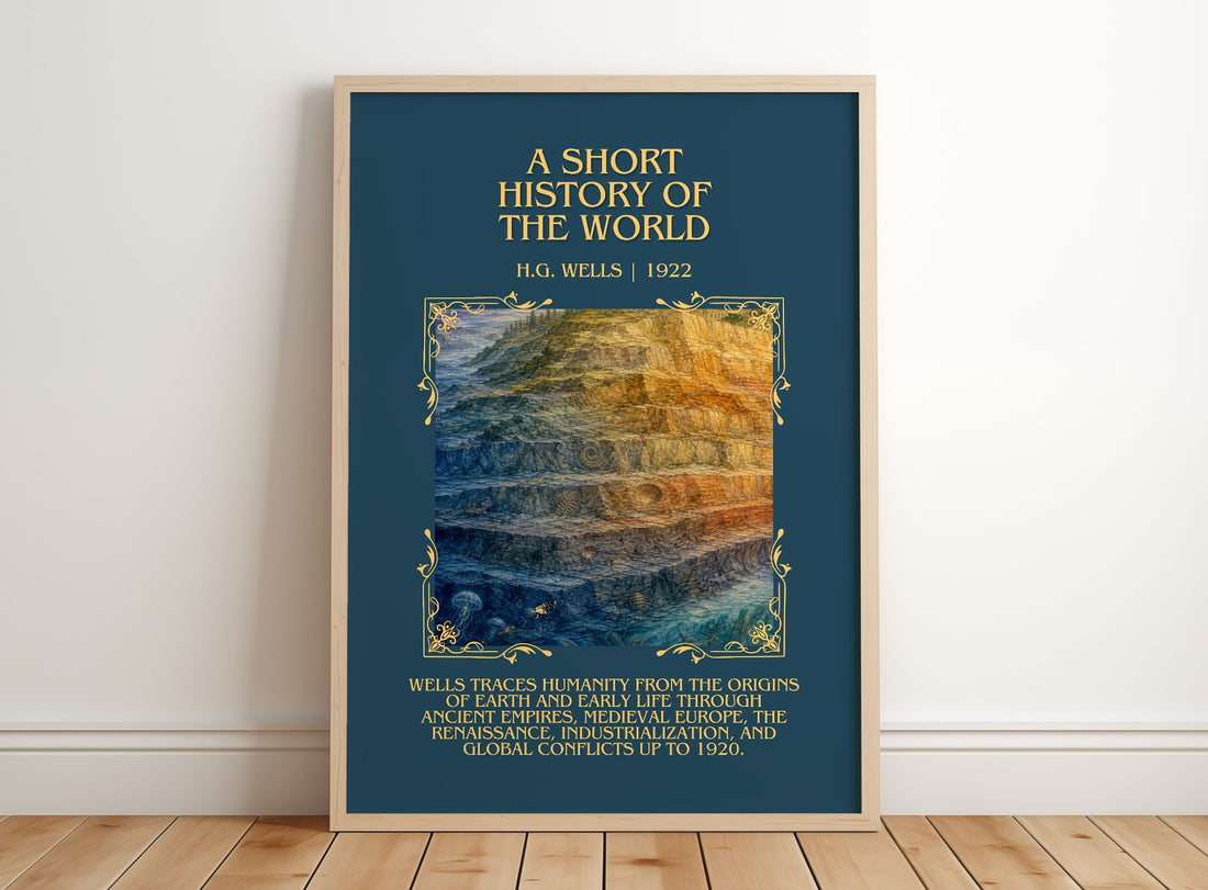 A Short History Of The World Minimalist Book Poster by H.G. Wells – framed print leaning on a wooden floor