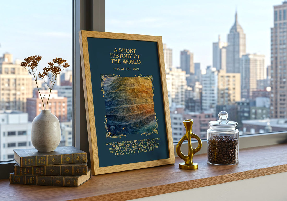A Short History Of The World Minimalist Book Poster by H.G. Wells – framed print on a city-view windowsill