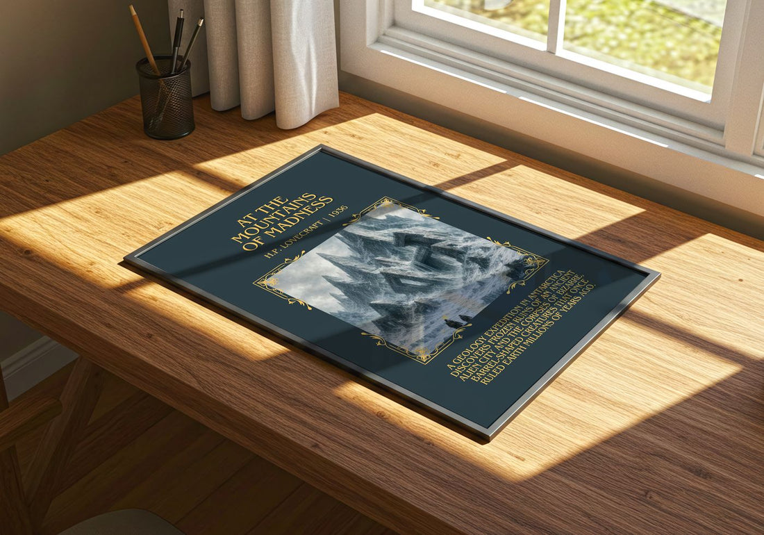 At The Mountains Of Madness Minimalist Book Poster by H.P. Lovecraft – print on a sunlit desk