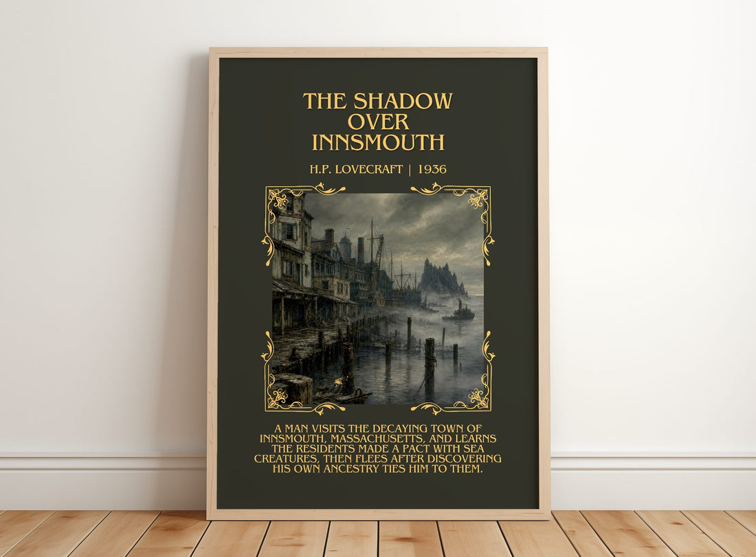 The Shadow Over Innsmouth Minimalist Book Poster by H.P. Lovecraft – framed print leaning on a wooden floor