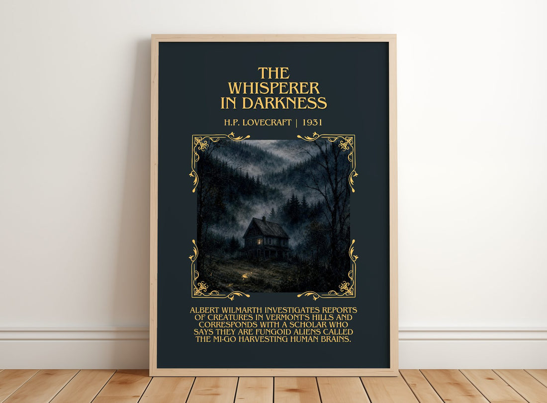 The Whisperer In Darkness Minimalist Book Poster by H.P. Lovecraft – framed print leaning on a wooden floor
