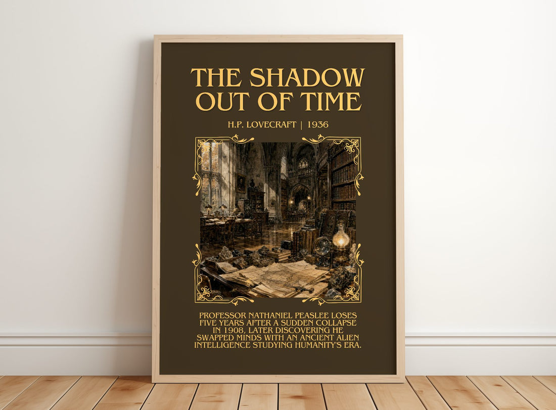 The Shadow Out Of Time Minimalist Book Poster by H.P. Lovecraft – framed print leaning on a wooden floor