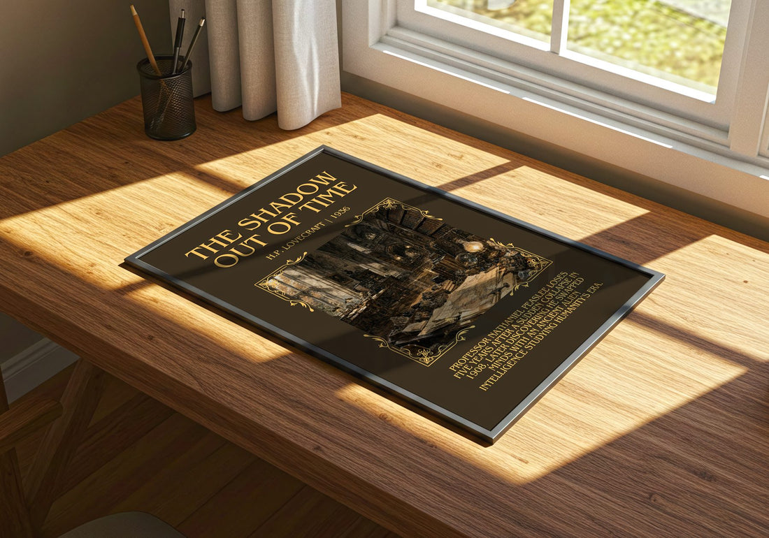 The Shadow Out Of Time Minimalist Book Poster by H.P. Lovecraft – print on a sunlit desk