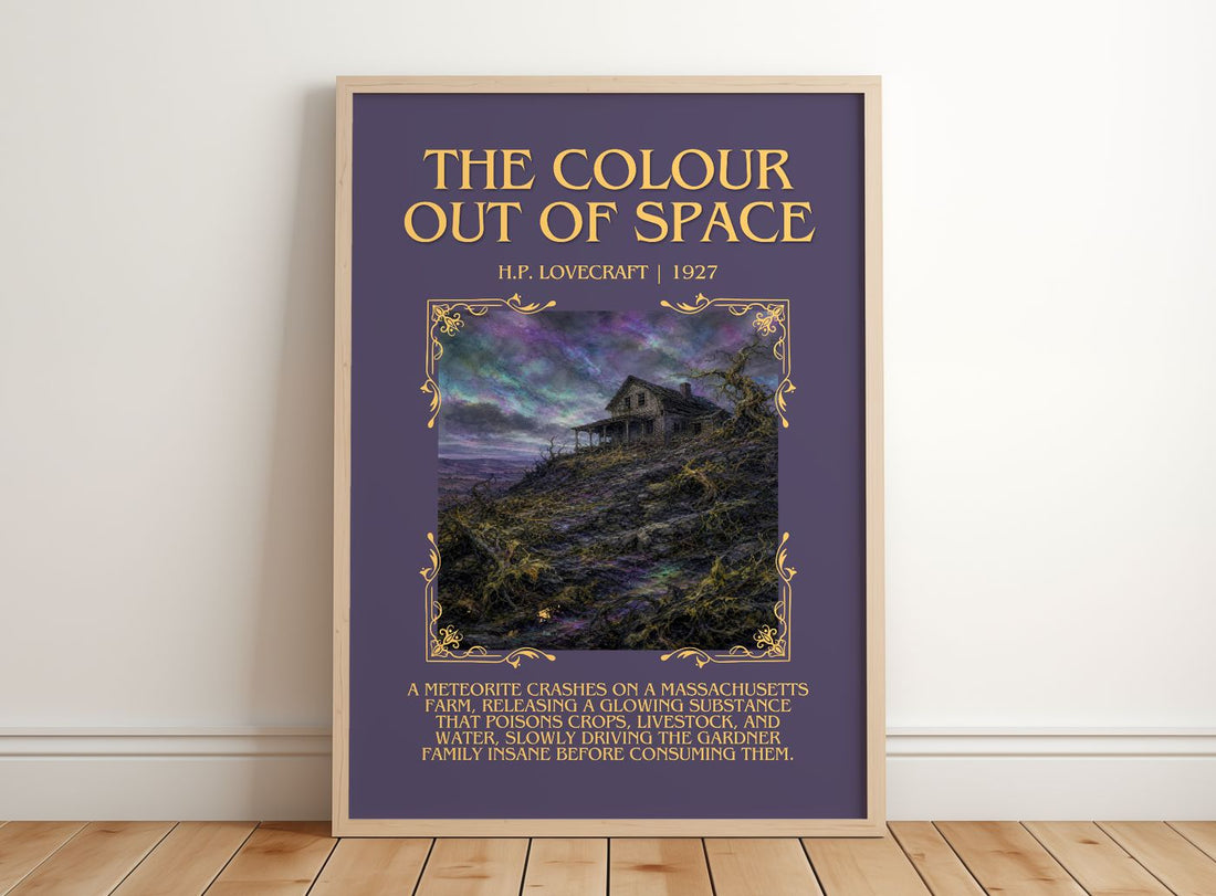 The Colour Out Of Space Minimalist Book Poster by H.P. Lovecraft – framed print leaning on a wooden floor