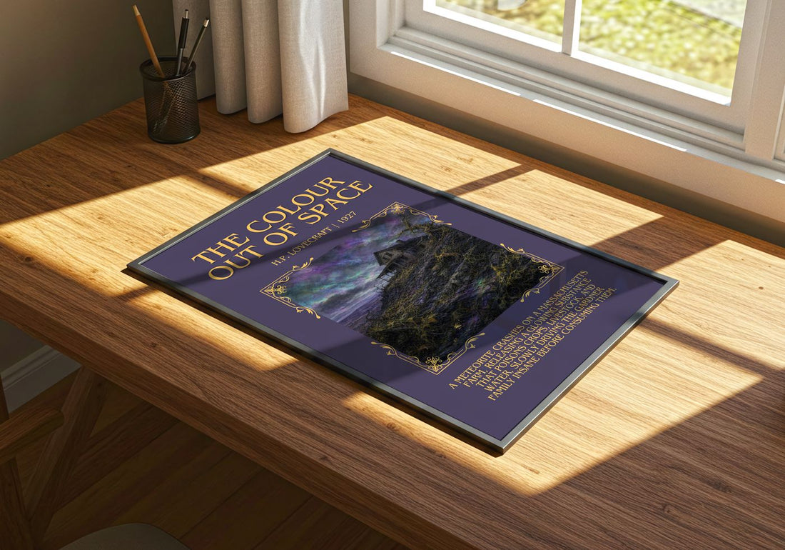 The Colour Out Of Space Minimalist Book Poster by H.P. Lovecraft – print on a sunlit desk